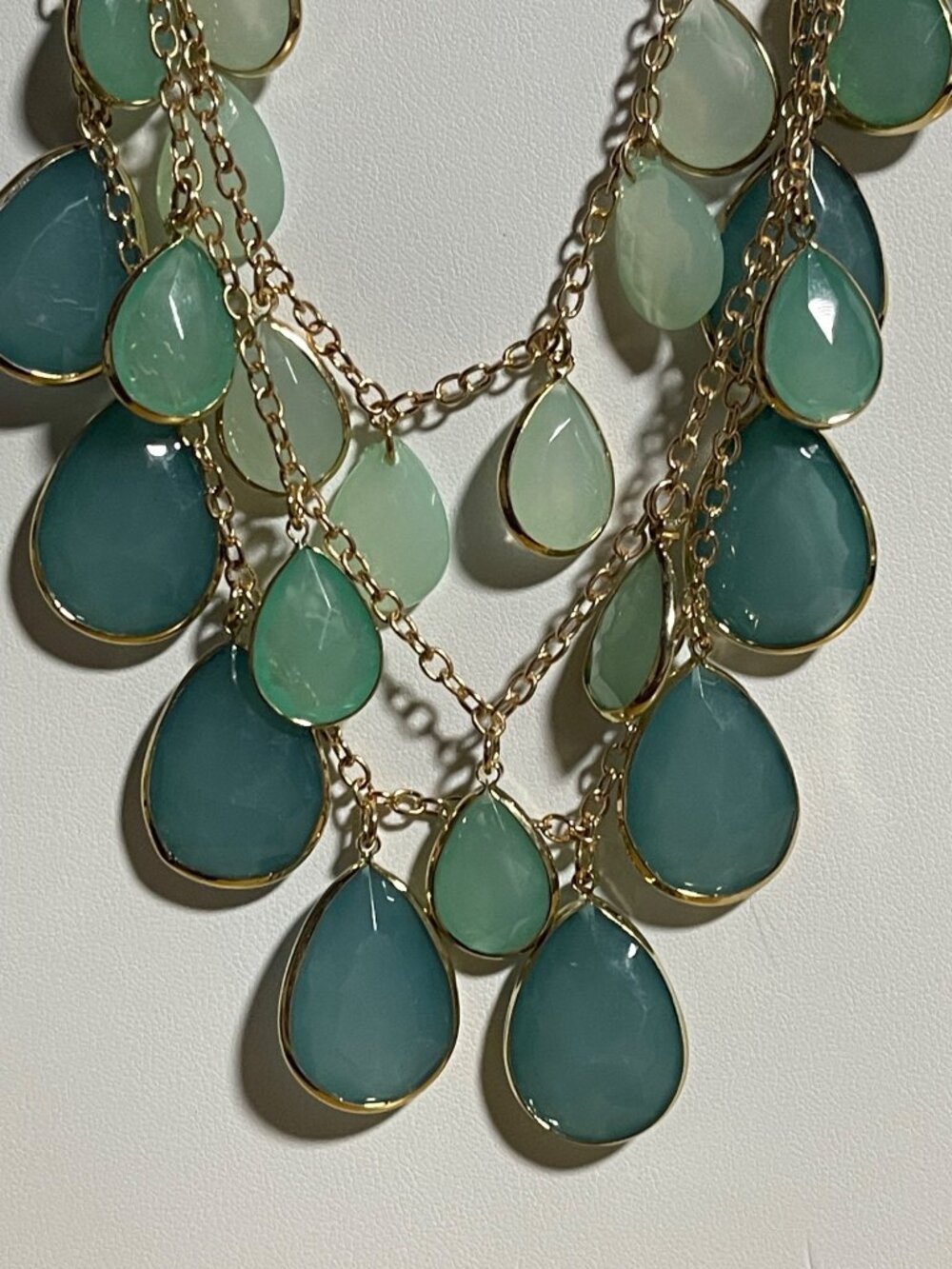 Massini Gold Tone Statement Necklace Cascading Green Tear Drop Charms Boho
